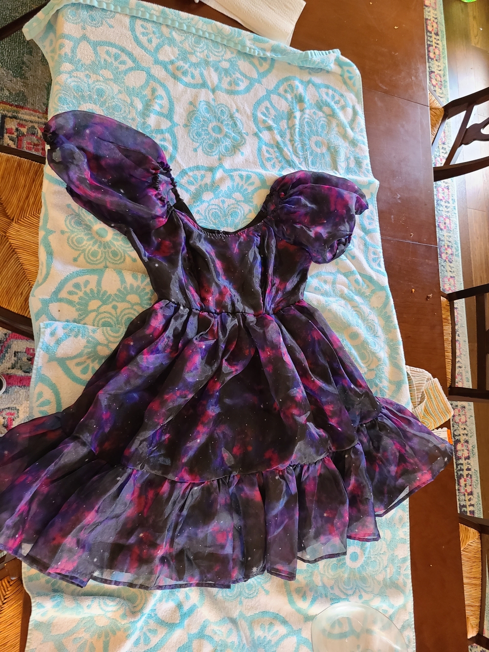 Galaxy Print Puff Sleeve Mini Dress - Purple